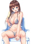  1girl :d absurdres bangs bare_arms bare_legs bare_shoulders between_legs bikini black_bikini blue_eyes blush breasts brown_hair chair cleavage collarbone commentary_request feet_out_of_frame food halterneck hand_between_legs hand_up highres holding holding_food large_breasts long_hair looking_at_viewer navel open_mouth original popsicle simple_background sitting smile solo stomach striped striped_bikini swimsuit uehiro white_background white_bikini 