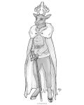  2018 4:5 albinokitsune anthro antlers belt bottomwear cane cape cervid cervine chain cloak clock clothed clothing corruption_of_champions digital_media_(artwork) fully_clothed fur fur_collar hi_res hooves horn looking_at_viewer male mammal monochrome pants simple_background solo solo_focus the_erlking tunic watch 