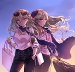  2girls bag blonde_hair blue_scarf braid breasts character_request closed_mouth denim eyebrows_visible_through_hair eyewear_on_head hair_ornament hand_in_pocket hat holding holding_arm holding_bag jeans long_hair looking_away multiple_girls open_eyes pants purple_eyes richelieu_(kantai_collection) scarf shirt shopping_bag skirt warship_girls_r watch white_shirt yuemanhuaikong 