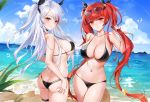  2girls ahoge ass azur_lane bare_arms bare_shoulders beach bikini black_bikini black_choker blue_sky breasts choker cleavage cloud collarbone cowboy_shot day eyewear_on_head from_behind groin hair_ornament hair_ribbon halterneck hand_up holding holding_hair honolulu_(azur_lane) honolulu_(summer_accident?!)_(azur_lane) large_breasts lens_flare long_hair looking_at_viewer looking_back mole mole_on_breast multi-strapped_bikini multicolored_hair multiple_girls navel ocean outdoors parted_lips prinz_eugen_(azur_lane) prinz_eugen_(unfading_smile)_(azur_lane) red_eyes red_hair ribbon side-tie_bikini skindentation sky smile star_(symbol) star_hair_ornament stomach strap_gap streaked_hair string_bikini sunglasses swimsuit thigh_strap thighs twintails two_side_up very_long_hair water wet white_hair yumaomi 