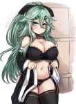  1girl bangs belt_buckle black_bra black_legwear black_panties black_ribbon blush bow bow_bra bow_panties bra breasts buckle choker cleavage commentary_request cowboy_shot detached_sleeves green_eyes green_hair hair_between_eyes hair_flaps hair_ornament hair_ribbon hairclip half-closed_eyes highres kantai_collection lace lace-trimmed_bra large_breasts lifted_by_self long_hair navel panties parted_bangs ponytail ribbon ryuun_(stiil) sidelocks skirt skirt_removed solo standing thighhighs underwear underwear_only undressing yamakaze_(kantai_collection) 