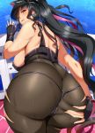  1girl ass ass_grab bent_over bikini black_bikini black_bodysuit black_gloves black_hair bodysuit breasts commentary_request fate/grand_order fate_(series) fingerless_gloves forehead_tattoo from_behind gloves grabbing_own_ass hand_on_ass hand_on_own_ass hat highres large_breasts long_hair looking_back magukappu multicolored_hair peaked_cap police_hat ponytail presenting purple_hair revision sesshouin_kiara sesshouin_kiara_(swimsuit_mooncancer)_(fate) solo spread_ass streaked_hair swimsuit yellow_eyes 
