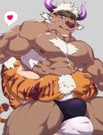  2boys abs animal_ears bara blush briefs bulge bulge_press chest chest_hair cow_boy cow_ears cow_horns facial_hair furry heart highres hombre_tigre_(tokyo_houkago_summoners) horns hug imminent_anal imminent_sex istani male_focus manly multiple_boys muscle nipples pectorals purple_eyes purple_horns shennong_(tokyo_afterschool_summoners) shirtless short_hair thick_thighs thighs tiger_boy tokyo_houkago_summoners underwear upper_body white_hair yaoi 