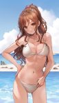  1girl armpits bang_dream! bare_arms bare_shoulders bikini blue_sky breasts brown_hair cleavage closed_mouth cloud collarbone cowboy_shot day green_eyes hand_on_hip highres imai_lisa large_breasts long_hair looking_at_viewer lunacle navel ocean outdoors ponytail sky solo standing stomach string_bikini swimsuit thighs water white_bikini 