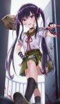  1girl absurdres bangs black_legwear blood blood_on_face blood_splatter bloody_clothes bloody_weapon commentary_request ebisuzawa_kurumi fingerless_gloves from_below gakkou_gurashi! gloves green_skirt hair_ornament hair_ribbon hand_on_hip highres knee_pads knee_up long_hair looking_at_viewer megurigaoka_high_school_uniform open_mouth over_shoulder pleated_skirt purple_eyes purple_hair purple_ribbon ribbon school_uniform shirt short_sleeves shovel skirt smile solo tokkyu twintails very_long_hair weapon white_shirt 