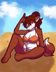  absurd_res anthro bra breasts canid canine cleavage clothed clothing cloud day female fox green_eyes hair hi_res looking_at_viewer mammal modernyasha panties red_fox sand sitting smile solo underwear 