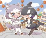  2girls animal_ear_fluff animal_ears bangs black_hair blowhole blue_eyes bodystocking bow chibi collarbone collared_dress commentary_request covered_eyes day dog_(mixed_breed)_(kemono_friends) dog_ears dog_girl dog_tail dolphin_tail dorsal_fin dress eyebrows_visible_through_hair face-to-face fisheye frilled_dress frills full_body fur_trim gerotan grey_hair hair_over_eyes head_fins holding_hands jacket kemono_friends lantern long_sleeves looking_at_another medium_hair miniskirt multicolored_hair multiple_girls one_eye_closed open_mouth orca_(kemono_friends) outdoors outstretched_arms pleated_skirt pulled_by_another pulling purple_hair running shoes short_dress short_over_long_sleeves short_sleeves skirt smile sweater_vest tail two-tone_hair upper_teeth white_hair 