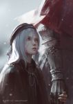  1boy 1girl artist_name bangs blurry blurry_background breath brown_shirt cape cloak commentary copyright_name dark_souls_iii dated depth_of_field gauntlets grey_hair hat highres holding holding_hands jlien- long_hair looking_up painting_woman parted_lips red_cape red_eyes shirt silver_hair slave_knight_gael slit_pupils solo_focus souls_(from_software) torn_clothes upper_body upper_teeth 