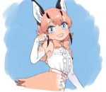  1girl :d animal_ear_fluff animal_ears armpits bare_shoulders belt blue_background blue_eyes blush border bow bowtie breast_pocket breasts center_frills character_request commentary_request elbow_gloves eyebrows_visible_through_hair eyes_visible_through_hair flipped_hair frills from_side gloves hand_up kemono_friends looking_at_viewer multicolored_hair open_mouth orange_bow orange_gloves orange_neckwear orange_skirt paw_pose pine pocket shirt shirt_tucked_in sidelocks skirt sleeveless smile solo streaked_hair two-tone_gloves upper_body white_belt white_border white_gloves white_shirt 
