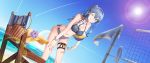  1girl animal basket beach beach_volleyball bikini blue_bikini blue_eyes blue_hair blue_nails blue_sky breasts chair cleavage collarbone day eyebrows_visible_through_hair fingernails flower gotland_(kantai_collection) groin hair_between_eyes highres kantai_collection long_hair medium_breasts mole mole_under_eye nail_polish navel ocean one_eye_closed purple_flower rankebu sheep sky smile solo sun sunlight swimsuit tongue tongue_out volleyball volleyball_net water white_flower wristband 