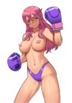  1girl areola_slip areolae bandaid bandaids_on_nipples blue_eyes blush boxing_gloves breasts bubuki_buranki cessa clenched_hands collarbone commentary commission english_commentary gloves grey_eyes hair_between_eyes highleg highleg_panties highres long_hair medium_breasts multicolored multicolored_eyes navel panties pasties pink_hair purple_gloves purple_panties solo standing taneomi_shizuru thighs topless underwear white_background 
