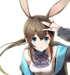  1girl :o absurdres amiya_(arknights) animal_ears arknights arm_up armpits ascot bare_shoulders black_jacket blue_eyes breasts brown_hair bunny_ears extra_ears highres jacket jewelry looking_at_viewer low_ponytail medium_breasts multiple_rings off_shoulder open_clothes open_jacket parted_lips purple_neckwear ring shirt shovelwell sidelocks simple_background sleeveless sleeveless_shirt solo upper_body white_background white_shirt 