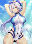  1girl armpits arms_behind_head arms_up bangs blue_bow blue_sky blue_swimsuit blush bow breasts fate/grand_order fate_(series) hair_between_eyes hair_bow highleg highleg_swimsuit highres large_breasts long_hair looking_at_viewer nasaniliu one-piece_swimsuit ponytail red_eyes silver_hair sky smile swimsuit thighs tomoe_gozen_(fate/grand_order) tomoe_gozen_(swimsuit_saber)_(fate) two-tone_swimsuit white_swimsuit 