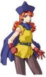  1girl alena_(dq4) arikawa cape closed_mouth curly_hair dragon_quest dragon_quest_iv dress earrings gloves hat jewelry long_hair looking_at_viewer orange_hair pantyhose red_eyes simple_background skirt smile solo white_background 