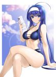  1girl ahoge bikini blue_bikini blue_eyes blue_hair blue_sky breasts cellphone chaesu cleavage collarbone crossed_legs day feet_out_of_frame hairband highres holding holding_phone huge_ahoge invisible_chair lens_flare looking_at_viewer medium_breasts orie_(under_night_in-birth) phone sitting sky smartphone solo strap_gap swimsuit toned under_night_in-birth under_night_in-birth_exe:late[st] white_hairband 