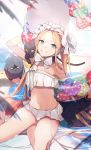  1girl abigail_williams_(fate/grand_order) abigail_williams_(swimsuit_foreigner)_(fate) animal animal_on_shoulder bikini blonde_hair blue_eyes bonnet cat eyebrows_visible_through_hair fate/grand_order fate_(series) forehead highres light_smile long_hair looking_at_viewer navel no-kan sitting smile solo swimsuit thighs white_bikini 