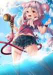  1girl :d animal_ears animal_hat bangs bare_shoulders blonde_hair blue_shorts commentary_request day denim denim_shorts eyebrows_visible_through_hair fake_animal_ears fate/grand_order fate_(series) frilled_shorts frills hair_between_eyes hair_over_shoulder hands_up hat highres holding hose hose_nozzle illyasviel_von_einzbern illyasviel_von_einzbern_(swimsuit_archer)_(fate) long_hair looking_at_viewer magical_ruby midriff_peek navel off-shoulder_shirt off_shoulder open_mouth outdoors red_eyes red_shirt shirt short_shorts shorts smile solo standing wading water yuzuzukushi 