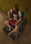  1girl back_street_girls:_gokudolls breasts brown_eyes brown_hair check_commentary commentary_request indoors long_hair looking_to_the_side pleated_skirt puffy_sleeves red_footwear red_skirt sakamoto_kengo shirt sitting skirt solo wheelchair white_shirt wooden_floor yamamoto_airi 