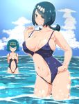  2girls arched_back blue_hair blush breast_envy breasts closed_mouth cloud collarbone commentary_request covered_nipples day eyebrows_visible_through_hair fingernails freckles gold_hairband hair_tie hairband hand_on_hip hand_up kousaka_jun lana&#039;s_mother_(pokemon) lana_(pokemon) large_breasts long_hair mature mother_and_daughter multiple_girls navel no_sclera outdoors pokemon pokemon_(anime) pokemon_sm_(anime) pussy_peek short_hair sky smile sparkle standing sweatdrop swimsuit tied_hair wading water wet 