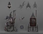  ambiguous_gender artist_name blue_eyes chain character_sheet concept_art concert creature dated english_text gem gradient grey_background highres holding hunched_over jlien- lantern multiple_views original ribs sitting wheelchair 