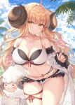  1girl ahoge anila_(granblue_fantasy) ass_visible_through_thighs ayuanlv bangs bare_shoulders beach bikini black_bow blonde_hair blue_sky blunt_bangs blush bow breasts cleavage closed_mouth cloud collarbone cowboy_shot curled_horns dated day detached_sleeves draph eyebrows_visible_through_hair frilled_bikini frills front-tie_bikini front-tie_top granblue_fantasy hair_ornament highres horns large_breasts layered_bikini leg_ribbon long_hair long_sleeves looking_at_viewer multi-strapped_bikini navel orange_eyes outdoors palm_tree ribbon ribbon-trimmed_bikini ribbon-trimmed_sleeves ribbon_trim sheep sheep_horns short_eyebrows skindentation sky smile solo spaghetti_strap standing stomach string_bikini swimsuit thick_eyebrows thigh_gap thigh_ribbon thighs tree very_long_hair white_bikini wide_sleeves yellow_eyes 