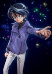  1boy bangs blue_background blue_eyes blue_hair blue_jacket closed_mouth hair_between_eyes highres jacket kirakira_precure_a_la_mode kuroki_rio long_sleeves looking_at_viewer male_focus outstretched_arm pants precure sharumon shiny shiny_hair shirt smile solo spiked_hair standing swept_bangs turtleneck v-shaped_eyebrows white_pants 