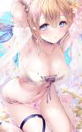  1girl absurdres amiko_(frostedchocolate) arm_behind_head armpits arms_up bangs blue_eyes blush bra breasts cleavage collarbone cross-laced_bra europa_(granblue_fantasy) flower granblue_fantasy hair_between_eyes highres in_water leaf light_brown_hair looking_at_viewer medium_breasts navel panties parted_lips petals pink_flower pink_rose rose see-through see-through_sleeves sidelocks sitting solo strapless strapless_bra string_panties thigh_strap underwear wariza water white_bra white_panties 