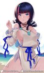  1girl bangs bare_shoulders blue_eyes blue_ribbon blunt_bangs blush breasts closed_mouth collarbone dress fate/grand_order fate/requiem fate_(series) fundoshi helloimtea highres japanese_clothes jewelry large_breasts long_sleeves looking_at_viewer magatama magatama_hair_ornament medium_hair multicolored_hair necklace ocean pelvic_curtain puffy_long_sleeves puffy_sleeves ribbon shore short_dress sideboob sideless_outfit streaked_hair thighs utsumi_erise wet white_background white_dress 