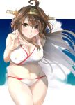  1girl absurdres adapted_costume ahoge bikini blue_sky breasts brown_eyes brown_hair cleavage cloud commentary_request covered_nipples cowboy_shot double_bun hairband headgear highres kantai_collection kongou_(kantai_collection) large_breasts leaning_forward long_hair looking_at_viewer sky smile solo standing swimsuit tororo_ten white_bikini 