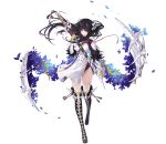  1girl artist_request black_hair blue_flower bone bone_hair_ornament boots breasts company_name dress fan fingerless_gloves flower gloves highres integral_killer_(phantom_of_the_kill) katana knee_boots large_breasts masamune_(phantom_of_the_kill) official_art petals phantom_of_the_kill puffy_short_sleeves puffy_sleeves red_eyes sheath sheathed short_sleeves skeletal_wings solo star_ornament sword thighhighs transparent_background weapon white_dress wings 