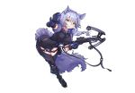  1girl absurdres animal_ears arknights bangs black_footwear boots bow_(weapon) braid breasts commentary crossbow drop_shadow gloves hair_between_eyes highres holding holding_bow_(weapon) holding_weapon large_breasts long_hair medium_breasts miyu_(miyumausi) pointing provence_(arknights) purple_hair simple_background single_braid solo tail thighs trigger_discipline weapon white_background wolf_ears wolf_tail yellow_eyes 