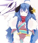  1girl ahoge animal black_sclera blue_hair blush bow braid closed_mouth eyebrows_visible_through_hair flower fur_trim grin hair_between_eyes hair_bow horn_flower horns hourglass_02 kindred lamb_(league_of_legends) league_of_legends long_hair looking_at_viewer parted_lips sharp_teeth simple_background slit_pupils smile spirit spirit_blossom_kindred teeth ultra_eye white_background wolf wolf_(league_of_legends) yellow_bow yellow_eyes yellow_flower 
