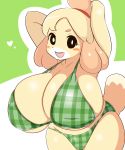  &lt;3 2020 animal_crossing anthro big_breasts bra breasts canid canine canis clothing domestic_dog female hair hand_behind_head hi_res huge_breasts isabelle_(animal_crossing) looking_at_viewer mammal nintendo open_mouth simple_background smile solo sugaru tan_body toy_dog underwear video_games 