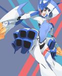  1girl :d blue_hair bodysuit commentary_request cosplay darling_in_the_franxx delphinium_(darling_in_the_franxx) delphinium_(darling_in_the_franxx)_(cosplay) eyebrows_visible_through_hair hair_ornament hairclip headgear highres ichigo_(darling_in_the_franxx) joints machi_(wm) mecha_musume open_mouth robot_joints short_hair smile solo upper_body yellow_eyes 