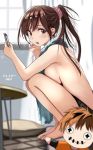  1girl breasts brown_eyes brown_hair cellphone couch covering covering_breasts curtains doll highres john_mangalile kanojo_okarishimasu large_breasts long_hair mizuhara_chizuru naked_towel no_bra no_panties nude on_couch phone pillow ponytail sideboob table towel wet window 