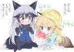  2girls animal_ears black_fur black_gloves black_hair black_neckwear black_skirt blue_legwear blush bow bowtie commentary_request extra_ears ezo_red_fox_(kemono_friends) fox_ears fox_girl fox_tail fur_trim gloves grey_hair hat kemono_friends kindergarten_uniform long_hair long_sleeves multicolored_hair multiple_girls navy_blue_jacket neckerchief necktie orange_eyes orange_hair pantyhose pleated_skirt sailor_collar school_hat shaved_ice silver_fox_(kemono_friends) silver_hair sitting skirt spoon sweatdrop tail takahashi_tetsuya tearing_up translation_request wariza wavy_mouth white_hair white_legwear yellow_neckwear younger 