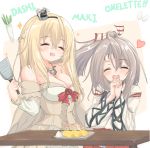  2girls blonde_hair braid closed_eyes commentary_request corset cowboy_shot crown daikon dress egg english_text flower french_braid grey_hair hachimaki hands_clasped headband high_ponytail highres japanese_clothes kantai_collection kasashi_(kasasi008) long_hair long_sleeves mini_crown multiple_girls muneate off-shoulder_dress off_shoulder omelet own_hands_together plate ponytail radish red_flower red_ribbon red_rose ribbon rose simple_background smile spatula tamagoyaki upper_body warspite_(kantai_collection) white_background white_dress zuihou_(kantai_collection) 
