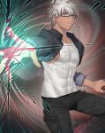  1boy alternate_costume archer brown_eyes chest collarbone covered_abs covered_navel cowboy_shot dark_skin dark_skinned_male fate/grand_order fate/stay_night fate_(series) glasses highres looking_at_viewer male_focus muscle none_(kameko227) pants short_hair solo summer_casual_(fate/grand_order) tank_top upper_body white_hair 