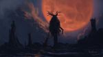  antlers bell blood bloodborne bloody_weapon brador cloud cloudy_sky commentary copyright_name facing_viewer full_moon fur-trimmed_hood fur_trim holding holding_bell holding_weapon hood mace moon night outdoors pants scenery silhouette sky solo standing tree_stump tripdancer weapon wings 