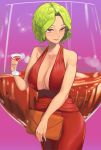  1girl absurdres alcohol alternate_costume alternate_hairstyle bag ballpoint_pen_(medium) bangs bare_shoulders blush breasts cleavage cup dress drinking_glass eyebrows eyebrows_behind_hair gradient gradient_background green_hair hair_intakes hair_up handbag highres holding holding_cup holding_purse huge_breasts kazami_yuuka looking_at_viewer nose outline parted_bangs pink_background pink_lips purple_background red_dress red_eyes shiny shiny_hair short_hair sideways_glance skinnytorch sleeveless sleeveless_dress smile solo touhou traditional_media wavy_hair wine wine_glass 