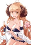  1girl anila_(granblue_fantasy) bangs blonde_hair blush breast_hold breasts cleavage draph eyebrows_visible_through_hair granblue_fantasy horns ky_kosuke large_breasts long_hair looking_at_viewer open_mouth sheep_horns solo thick_eyebrows yellow_eyes 