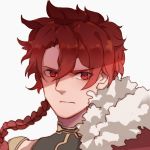  1boy alexander_(fate/grand_order) braid cape close-up commentary eyebrows_visible_through_hair face fate/grand_order fate_(series) frown fur_trim greek_clothes guoguo hair_between_eyes male_focus red_eyes red_hair simple_background single_braid white_background 