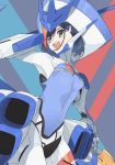  1girl :d blue_hair bodysuit commentary_request cosplay darling_in_the_franxx delphinium_(darling_in_the_franxx) delphinium_(darling_in_the_franxx)_(cosplay) eyebrows_visible_through_hair hair_ornament hairclip headgear highres ichigo_(darling_in_the_franxx) joints machi_(wm) mecha_musume open_mouth robot_joints short_hair smile solo upper_body yellow_eyes 