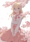 1girl 3874384829 blonde_hair blue_eyes cherry_blossoms closed_mouth eyebrows_visible_through_hair floral_background glasses hair_ornament holding_hands hood_(warship_girls_r) jewelry long_hair looking_at_viewer nail_polish neck_ribbon open_eyes petals pink_neckwear pink_skirt ribbon ring shirt simple_background skirt solo warship_girls_r white_shirt 
