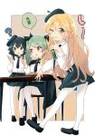  3girls ? anchovy_(girls_und_panzer) anzio_school_uniform bangs barashiya black_border black_cape black_eyes black_footwear black_hair black_neckwear black_skirt blonde_hair border braid brown_background can cape carpaccio_(girls_und_panzer) chair commentary dress_shirt drill_hair finger_to_mouth food from_side girls_und_panzer green_eyes green_hair grin heel_up highres holding holding_can leaning_forward light_frown loafers long_hair long_sleeves looking_at_another looking_at_viewer looking_back miniskirt multiple_girls necktie one_eye_closed open_mouth outline outside_border pantyhose pasta pepperoni_(girls_und_panzer) pleated_skirt red_eyes school_uniform shirt shoes short_hair shushing side_braid sitting skirt smile soda_can speech_bubble standing table twin_drills twintails white_legwear white_outline white_shirt wing_collar 