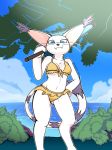  2020 anthro beach_umbrella bikini black_nose blue_eyes breasts cleavage clothed clothing cloud digimon digimon_(species) ear_tuft fangs felid female front_view fur gatomon half-closed_eyes hand_on_hip hi_res holding_object ineedanaccount long_ears looking_at_viewer mammal midriff narrowed_eyes navel outside pupils sea sky slit_pupils smile solo standing swimwear tuft water whiskers white_body white_fur 