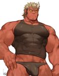  2018 5_fingers arm_hair big_muscles body_hair brown_hair bulge clothing eyebrows fantastic_boyfriends:_legends_of_midearth fingers genital_outline gomtang hair hand_on_hip happy_trail horn huge_muscles humanoid humanoid_hands humanoid_pointy_ears leg_hair male muscular muscular_humanoid muscular_male not_furry ogre orgus penis_outline pupils red_body red_skin scar shirt simple_background slit_pupils solo standing stubble tank_top thick_eyebrows tight_clothing topwear underwear veiny_muscles white_background white_horn yellow_sclera 