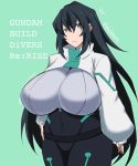  alternate_breast_size black_hair bodysuit breasts copyright_name covered_navel green_eyes gundam gundam_build_divers gundam_build_divers_re:rise hand_on_hip huge_breasts long_hair looking_to_the_side looking_up may_(gundam_build_divers_re:rise) shrug_(clothing) tomoki_(dais729sof) 