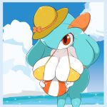  1:1 2020 ball beach_ball bikini bikini_top clothing day female hat headgear headwear hi_res holding_object humanoid kirlia looking_up nintendo not_furry outside pok&eacute;mon pok&eacute;mon_(species) red_eyes rui_(sugaru) shiny_pok&eacute;mon short_stack smile solo sugaru swimwear video_games water 