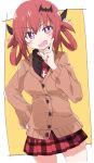  1girl bat_hair_ornament black_shirt blush cardigan fang gabriel_dropout hair_ornament hand_on_hip index_finger_raised ixy kurumizawa_satanichia_mcdowell looking_at_viewer necktie open_mouth pink_eyes plaid plaid_skirt red_hair red_neckwear red_skirt school_uniform shirt skin_fang skirt solo thighs two-tone_background white_background yellow_background 